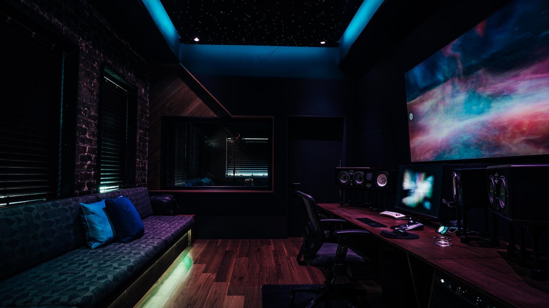 Wide view of the Phantom room with lounge seating and the producer desk