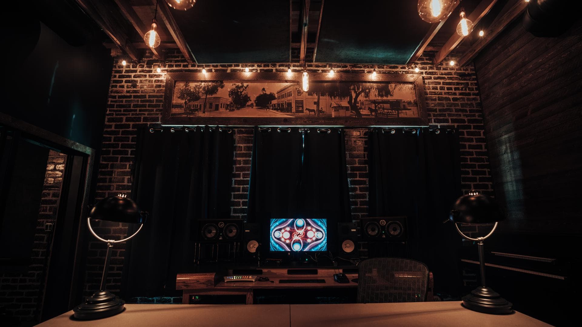 Symmetric console view in the Weddington room against exposed brick